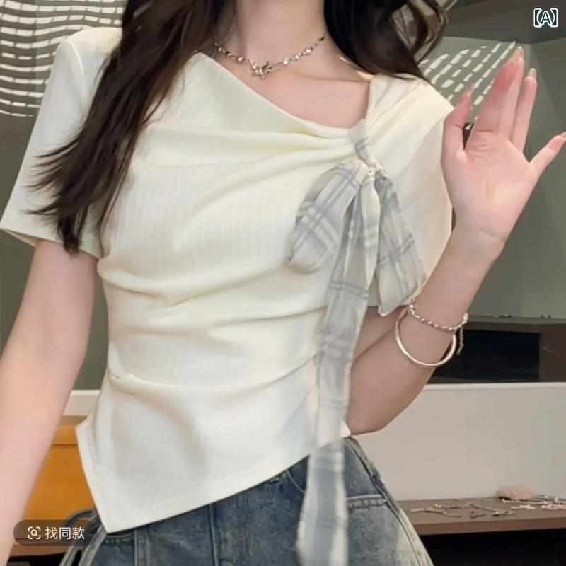 トップス 女性用 短袖 甘め スタイル 蝶結び 紐 デザイン 不規則 格紋 切り替え 修身 スリム 杏 ブルー グレー ポリエステル 柔軟 日常 デイリー ゆったり フィット 軽やか 涼しい 春夏 スタイリッシュ コットンライク シャツ ブラウス 袖なし