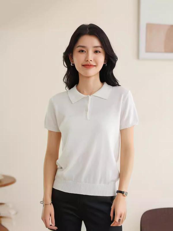 Other - {"result": "Tシャツ レディース 半袖 ポロ襟 綿 切り替え ボタン 純色 シンプル 通勤 普段使い 都市風 白色 浅灰 藏青 春夏 オールシーズン 気質 百搭 基礎 トップス ニット シャツ 気軽 レイヤード ベーシック ソフト 伸縮性 軽