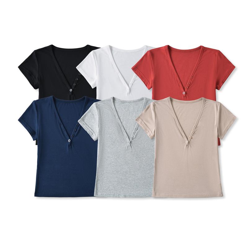 Other - Tシャツ レディース 短袖 深Vネック タイトフィット 純色 綿 スパンデックス 切り替え ボタン セクシー 私服 夏 白 黒 グレー 赤 ネイビー 女性用 トップス 基礎アイテム 修身型 短丈 セットインスリーブ 日常使い 軽量 通勤 カジュアル