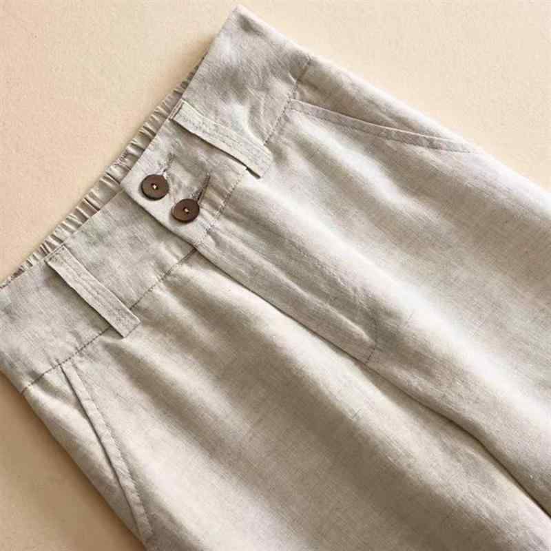 Rakuten - レディース ワイドパンツ コットンリネン 直筒型 高腰 ボタン 垂れ感 長丈 直筒 ゆったりシルエット 日常使い 快適 再生繊維 混 カーキ 黒 白 春夏 ミドル厚 ノンストレッチ 日韓スタイル クロップド丈 ベーシック ラフ ストリートファッション