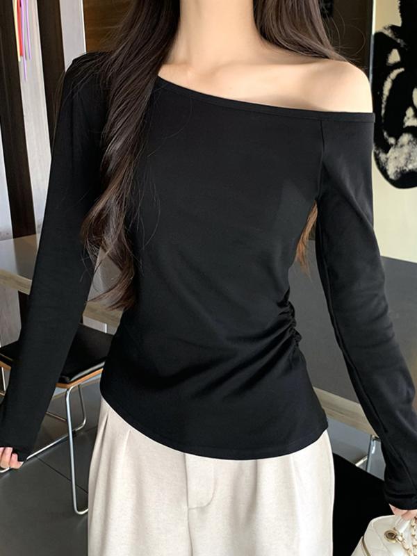 乐天商城 - Tシャツ レディース 長袖 一字領 肩出し 綿 スパンデックス 修身 スリム デザイン 不対称 シンプル スタイリッシュ 秋 気質 通勤 快適 休闲 グレー 黒 紺 白 セットアップなし 単品