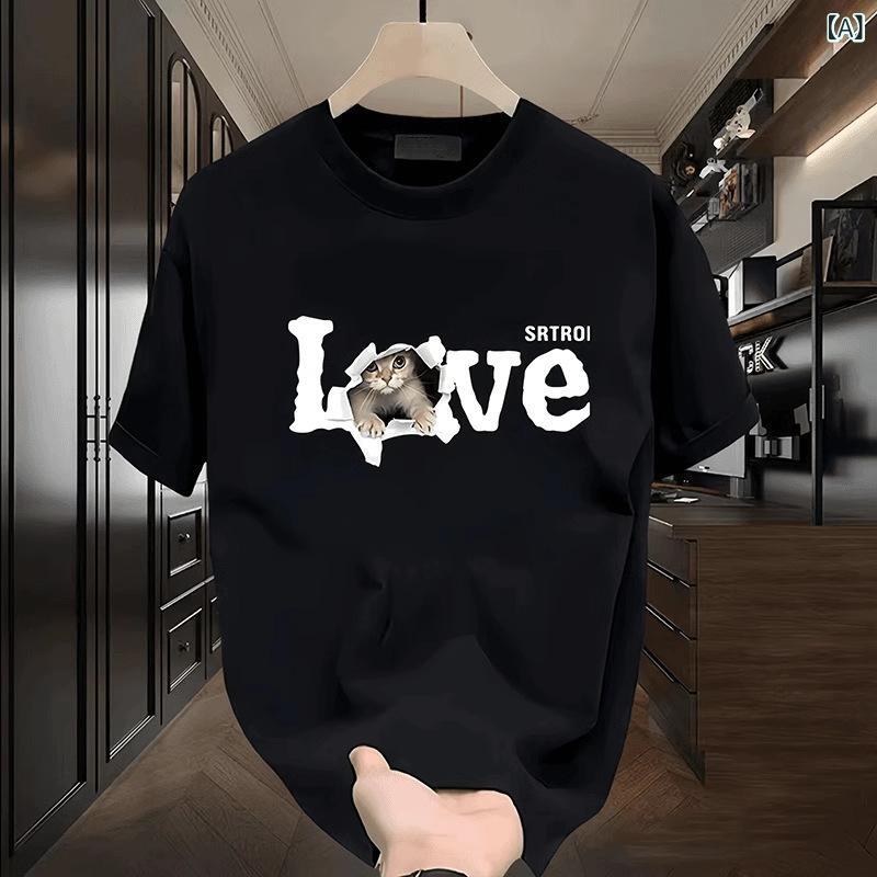 メンズ Tシャツ 短袖 黒 白 綿 素材 ゆったり デザイン 落肩 袖 丸首 プリント 文字柄 透気性 抗UV 機能 休闲 カジュアル スタイル 青年 向け オールシーズン トップス 上着