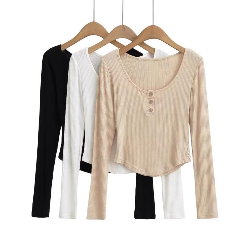 Rakuten - Tシャツ レディース 長袖 Uネック 綿素材 修身 スリムフィット 弧形デザイン 系扣 セクシー 打底 トップス ブラック 白 杏色 街頭スタイル 欧米風 春季 かわいい 普段使い 伸縮性 軽量 ビッグシルエット Vネック
