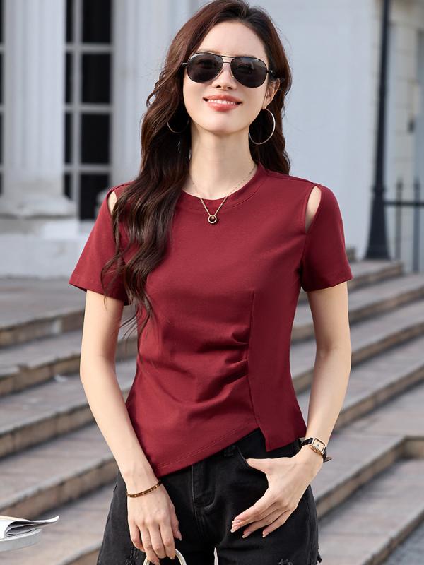 Rakuten - レディース Tシャツ 丸首 短袖 コットン 純色 ゆったり 修身 黒 緑 ワインレッド 普通丈 不対称裾 日韓 韓系 春季 百搭 基礎 トップス 休闲 ゆったりシルエット コットン90% 日常使い 着回し シンプル ベーシック