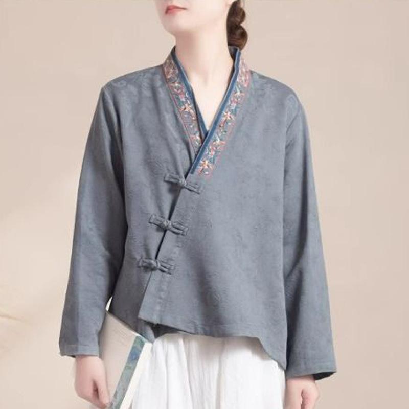 Rakuten - シャツ レディース 春夏 綿 刺繍 盤ボタン 長袖 Vネック ワイドシルエット 中国風 復古 幾何柄 基本スタイル 普通丈 ボタン 気質 優雅 白色 ピンク 赤 グレー ブルー 文艺風 トップス ブラウス ゆったり 着こなし 東洋柄 コットン 100%