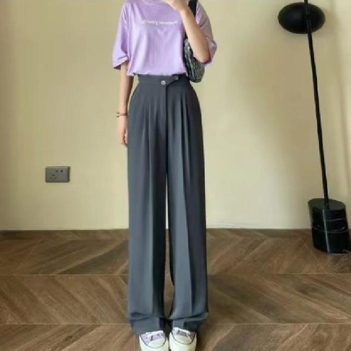 樂天商城 - レディース 直筒パンツ 夏 薄手 高腰 ロング ワイドレッグ 垂感 スリム 見せ ポケット 付き ポリエステル 微弾力 切り替え デザイン 日韓 カジュアル スタイル 白色 灰色 卡其 通勤 普段使い アウトドア 通用 体型 対応
