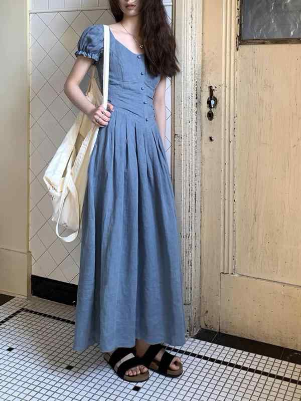 ワンピース 短袖 中長丈 ハイウエスト 切り替え デザイン 涤纶 素材 日韓 スタイル 休闲 通用 体型 適応 春季 ブルー カラーバリエーション 軽量 快適 着心地 日常 用途 適合(4.0)