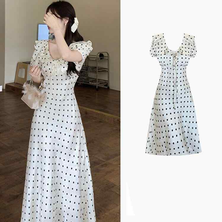 ワンピース レディース ドット柄 ロング丈 マキシ丈 ウエストマーク 着痩せ 白 フレンチスタイル 荷叶边 ぽっちゃり向け 体型カバー フェミニン きれいめ オシャレ