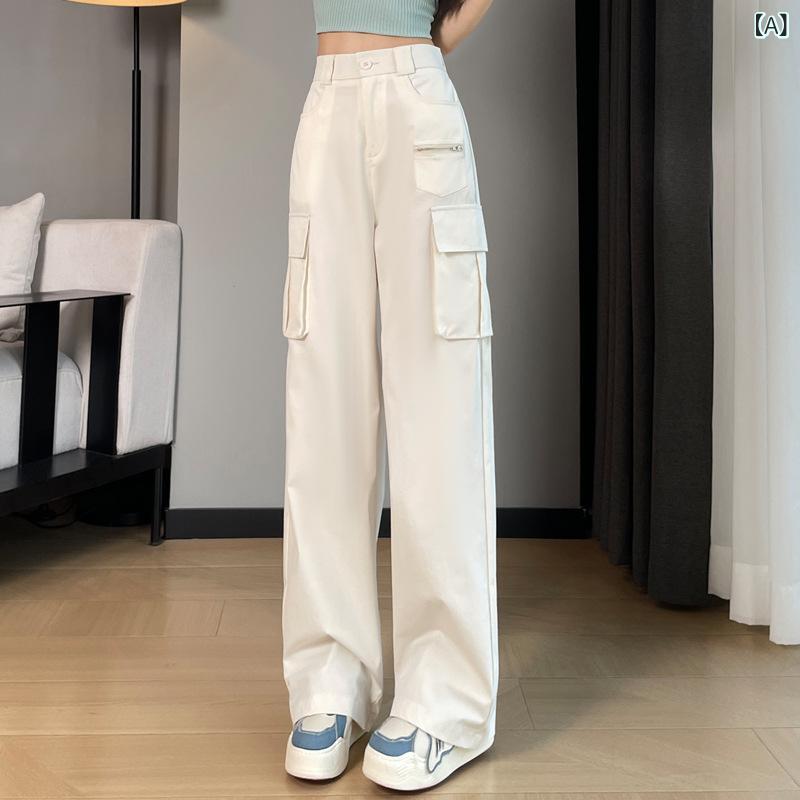 レディース 工装パンツ 夏 ワイドレッグ 高腰 ゆったり 大ポケット デザイン 显瘦 涼感 ポリエステル 素材 微弾力 中厚 長丈 黒 白 ピンク 卡其 日韓 スタイル 休闲 免烫 加工