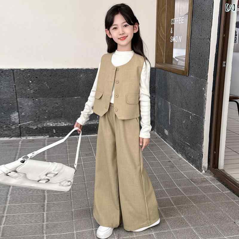 樂天商城 - 女の子 セットアップ 春秋 トップス ベスト ワイドパンツ 長袖 長ズボン 綿混紡 ポリエステル 柔らか素材 普通厚 無地 カーキ グレー 韓国スタイル 潮感 120cm 130cm 140cm 150cm 160cm 170cm 通学 日常 学校 8歳