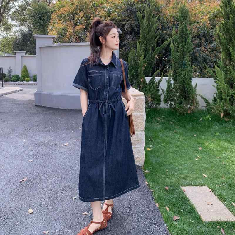 乐天商城 - ワンピース 連衣裙 女性用 港風 復古 スタイル 牛仔素材 ロング丈 収腰 スリム効果 シャツカラー 短袖 高腰 ポケット付き 深藍 夏 涤纶 70-80% 単排扣 ボタン 基礎款 抽褶加工 純色 広松シルエット 文艺風