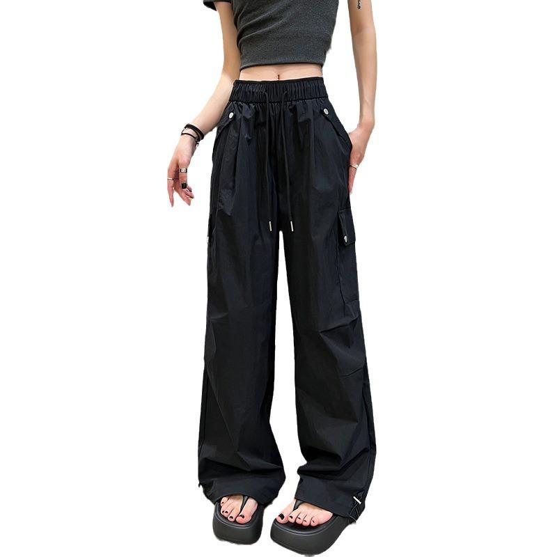 Capri Pants - レディース 工装パンツ 夏季 速乾 直筒 ワイドレッグ ゆったり 休闲 束脚 ロングパンツ 脚長 ハイウエスト スリム 薄手 ポケット 切り替え 深灰 ピンク 米白 涤纶 70-80% 学院風 清新 甘め 汎用 無弾性