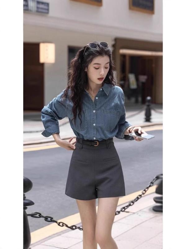 Other - レディース ショートパンツ 春夏 韓国風 ハンガリー風 高腰 ワイドレッグ Aライン スリム効果 直筒 微弾性 ポリエステル 切り替え ジッパー ミッドウェイト 快適 デイリー ブラック グレー