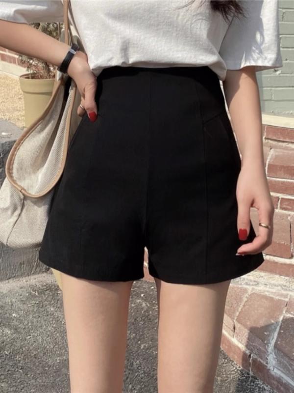 レディース ハーフパンツ 黒 高腰 スーツ風 夏用 薄手 スリム 韓国風 プチスタイラー向け ワイドレッグ Aライン ローマコットン 粘膠繊維 ポリエステル 中弾力 ポケット 口袋付き 日韓カジュアル 日常使い 軽量 通勤 休日 ストレートパンツ 膝上丈