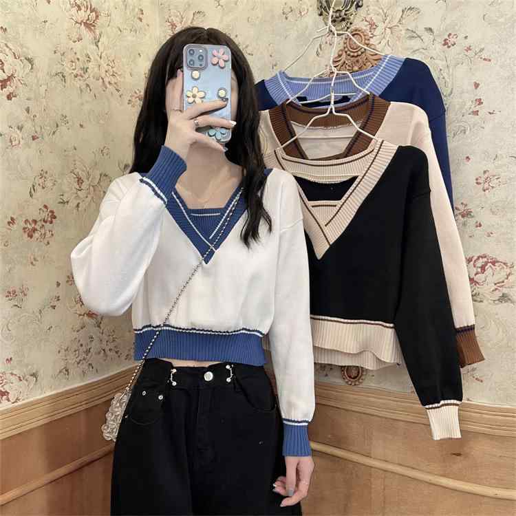 Shirts, T-Shirts - レディース ニット トップス 春季 条紋 切り替え 長袖 毛衣 シルクコットン ポリエステル 混紡 中厚 ゆったり シルエット 白 灰 黒 気質 通勤 英倫風