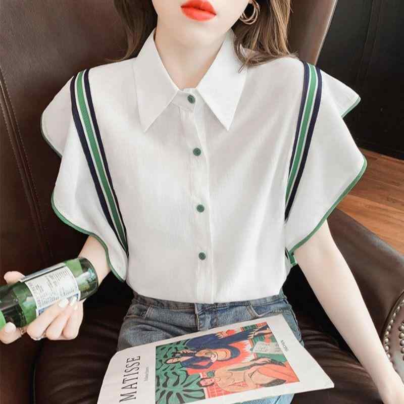 ブラウス レディース 半袖 ラウンドネック シフォン トップス フェミニン エレガント きれいめ 大人かわいい おしゃれ 春夏・素材: シフォン・スタイル: 荷叶边款・フィット感: レギュラーフィット・着丈: ショート(40cm-50cm)・襟型: ベビーカラー、襟付き(ポロ襟)・袖型: フリル袖・袖丈: 三分袖・カラー展開: グリーン、ブルー・サイズ展開: XS, S, M, L, XL, 2XL, 3XL・スタイルタイプ: アーバン通勤・着用方法: カーディガン・スタイル: 都市風・対象性別: 女性