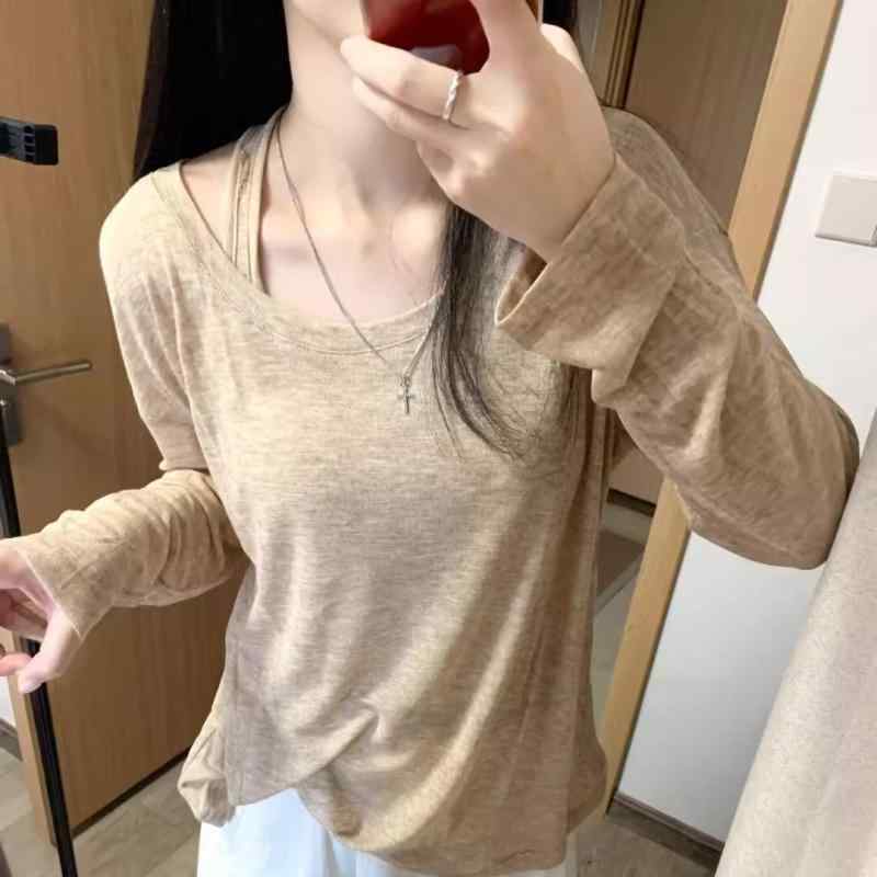 Other - トップス レディース 2点セット 薄手ニット 長袖 Tシャツ 女性 夏 防晒 ゆったり風 ルーズフィット 丸首 クロップド丈 単色 カーキ 白色 気質 通勤 スタイル 軽量 柔らかい素材 日常使い 外出 オフィス 紫外線対策 UVカット 涼しい 快適 ゆ