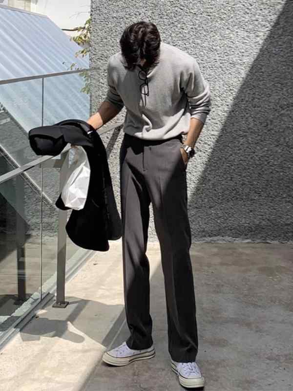 樂天商城 - メンズ 西装パンツ 男性用 夏用 垂感 ポリエステル 100% 軽量 微弾性 直筒 ワイドレッグ ロング丈 黒 灰 軽ビジネス 青春 流行 18-24歳 韓国風 潮流 百搭 休闲 通勤 普段使い 免烫 明線