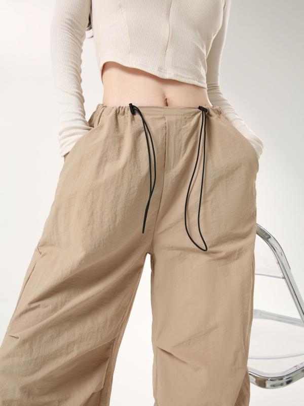 Cropped Pants - レディース ワイドパンツ 工装風 速乾 ポリエステル ロング丈 黒 卡其 グレー ピンク 復古 スリム ドローストリング ストリート カジュアル アウトドア 普段使い 軽量 通勤用 ゆったり シルエット