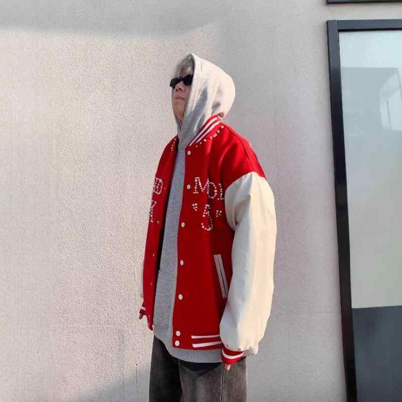 メンズ ジャケット 棒球服 外套 春秋 切り替え 衝色 トップス 立領 ワイドシルエット シングルブレスト 長袖 直裾 コットン混紡 ポリエステル 100 耐摩耗 防風 赤 黒 紅 メンズ レディース 休日 街着 秋冬