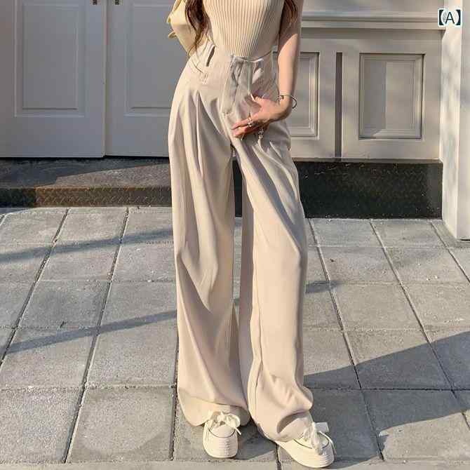 Capri Pants - 西装パンツ レディース 春夏 杏色 黒 グレー カーキ 薄手 高腰 金属糸 綿羊皮 無弾性 長丈 ゆったり ワイドレッグ 直線シルエット 垂感 床引き 韓国風 ゆったりシルエット 細身 細身フィット クラシック 復古 芸術的 フォーマル ビジネス 通勤