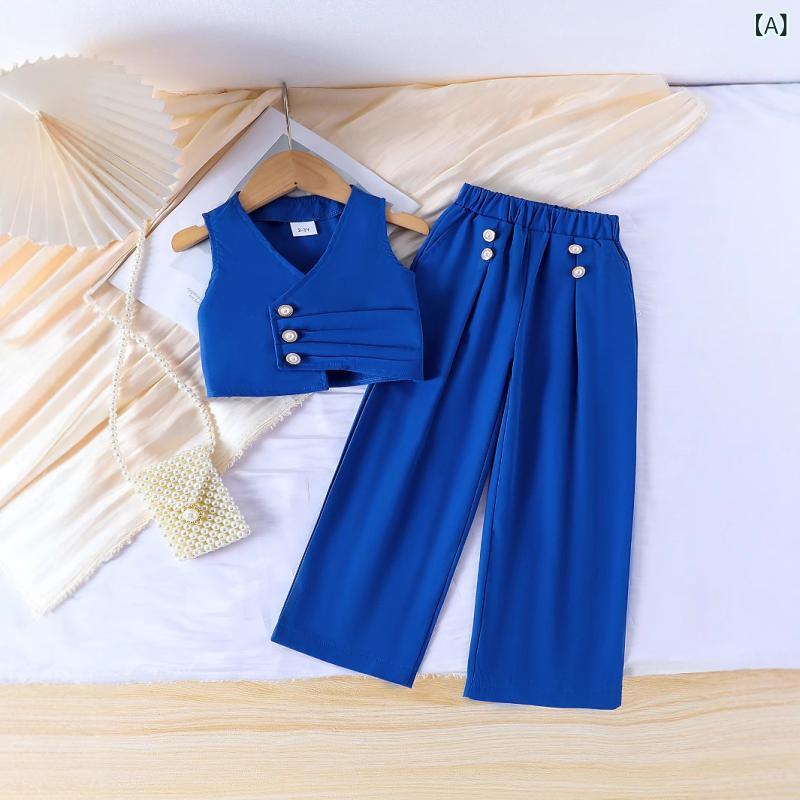 女の子 ジャケット セットアップ 無袖 シングルブレスト ストレートパンツ 綿 95% 柔軟素材 純色 ブルー 春夏 韓国スタイル 潮范 気質 カジュアル 子供服 3-8歳 100-140cm 長ズボン 普通厚 袖なし ノーカラー ソフト加工 セット 2