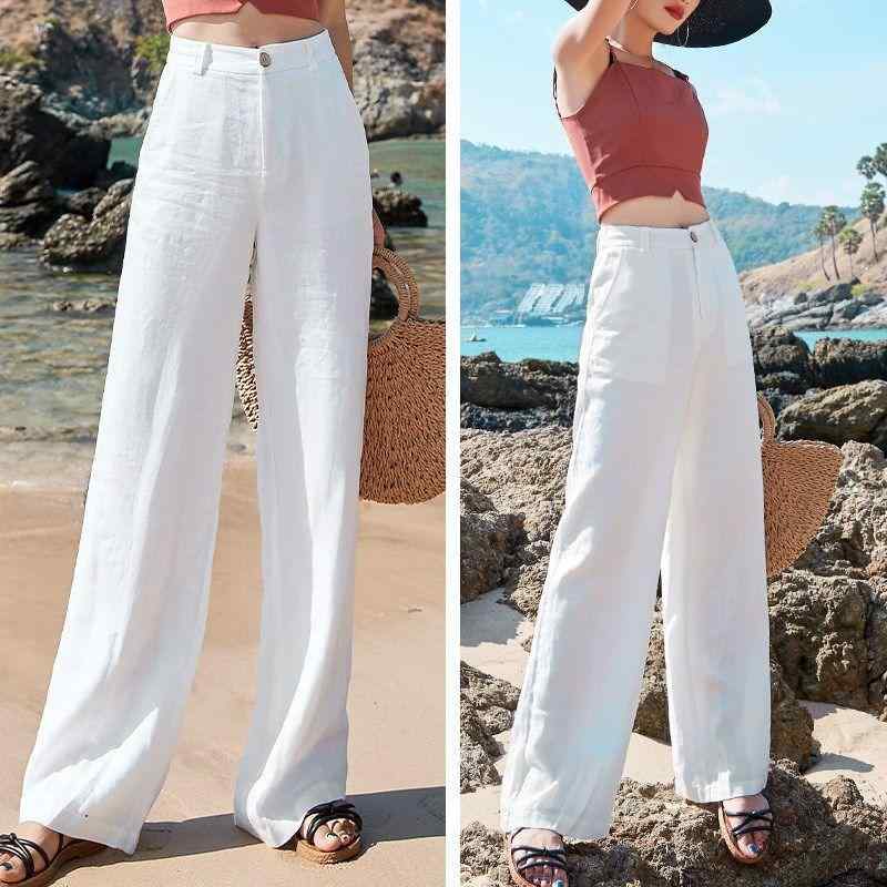 乐天商城 - ワイドパンツ 女性用 夏用 薄手 麻素材 気質 通勤 スタイル 韓国風 ゆったり 麻 装い 松腰 高腰 ストレート ロングパンツ 白色 米白色