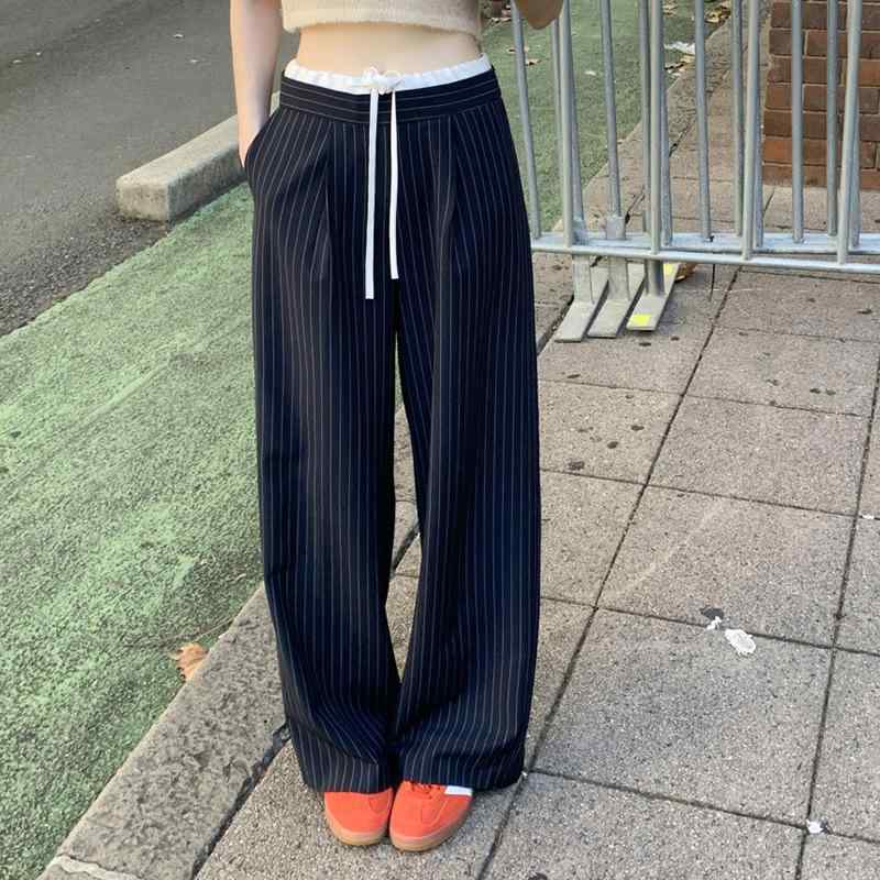 レディース クドレぐパンツ ハイウエスト ベルト付き ストライプ柄 韓国風 チック スタイル ワイドレッグ ロングパンツ ゆったり シルエット 直筒型 混紡素材 ポリエステル 混 スパンデックス 混 グレー 宝藍 夏 シーズン 日常使い 通勤 コーデ カ