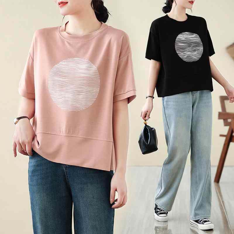 樂天商城 - Tシャツ 女性用 丸首 短袖 プリント 後ろジッパー 直筒 都市風 通勤 気質 アクryル繊維 白 黒 ピンク 夏 かわいい 軽量 トップス シャツ 花柄 花柄プリント フレッシュ 爽やか 日常使い