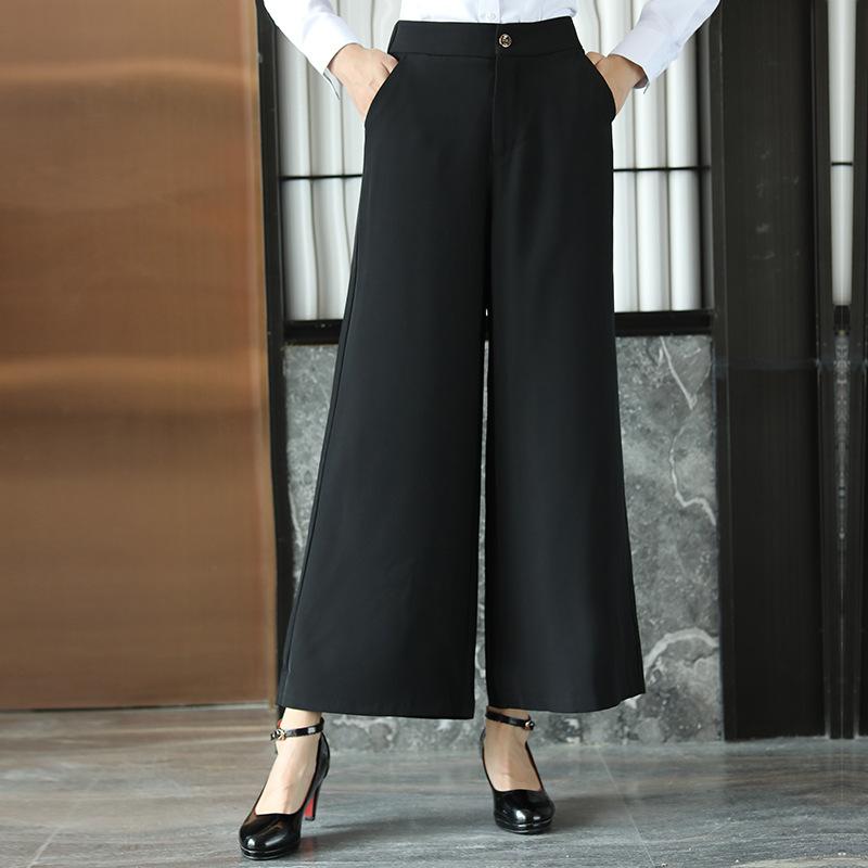 下装 - 女性用 西装パンツ 黒 ワイドレッグ ロングパンツ 綿混紡 ポリエステル 微喇型 中高腰 OL 通勤 韓国風 気質 ゆったり 事務服 職場 ビジネス 普段使い フォーマル ストレート シルエット 軽量 伸縮性 黒