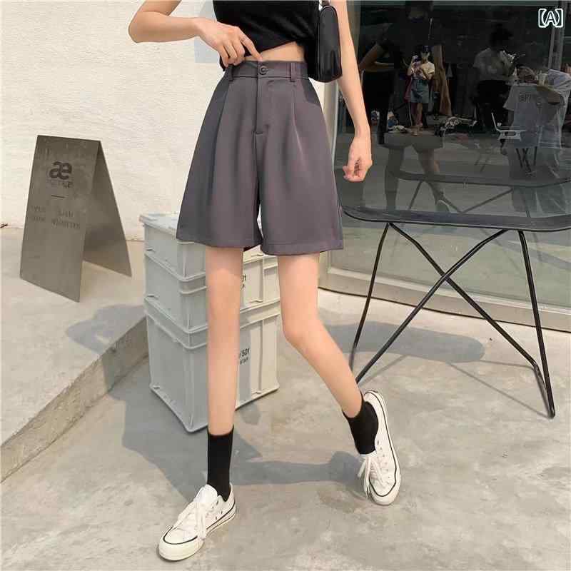 レディース ワイドレッグパンツ 夏用 短パン クールビズ ゆったり ハイウエスト 薄手 ストレート スポーツ レジャー 気質 通勤 優雅 灰 黒 涤纶混紡 軽量 通気性 女性用