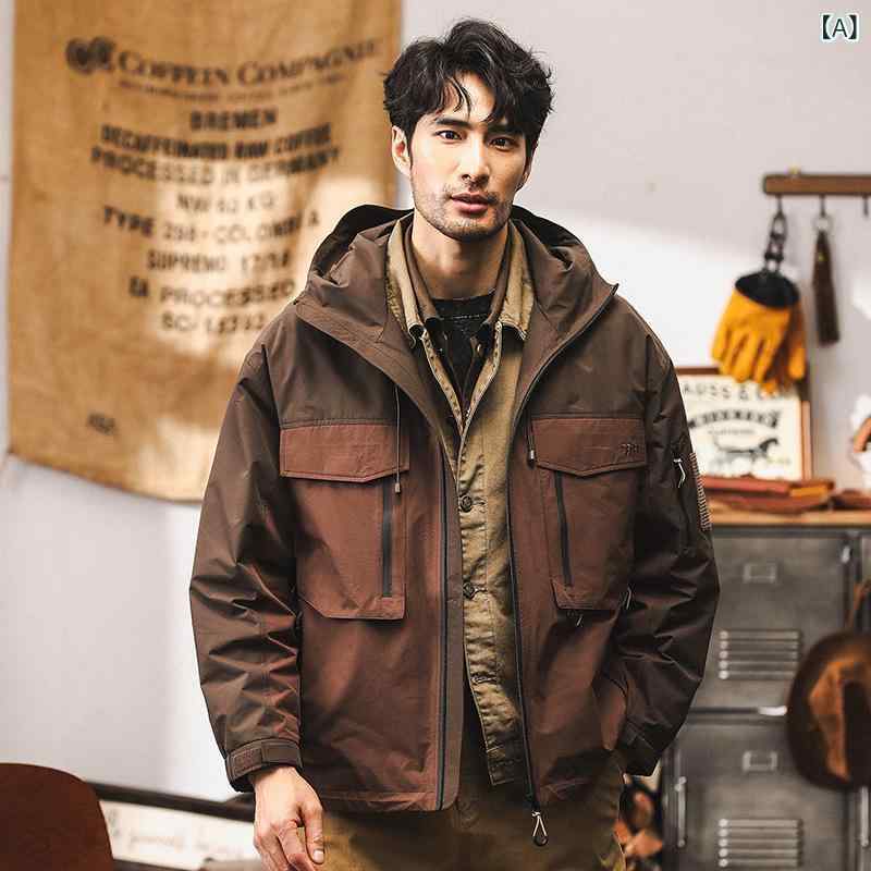 樂天商城 - メンズ ジャケット コットン ポリエステル ワイドシルエット フード付き 長袖 無領 ラップトップ 防水 防風 切り替え マルチポケット ジップポケット ラウンドヘム ノーアイロン チョコレート ブラウングリーン 春秋 運動 ユース カジュアル ワーク