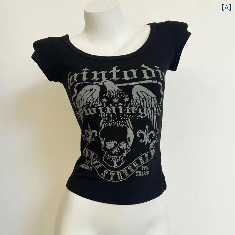 樂天商城 - Tシャツ 女性用 短袖 修身 スリム 復古風 ポストアポカリプス デザイン 骷髅プリント 背中露出 鎖チェーン 柄 セクシー スタイリッシュ 洋服 上衣 涤纶 素材 アセテート繊維 混紡 伸縮性 印花加工 丸首 セットインスリーブ 普通丈 50-65cm
