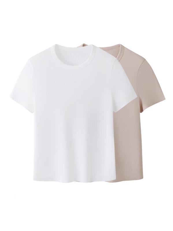 Rakuten - Tシャツ レディース 秋 短袖 丸首 修身 インナー トップス コットン 純色 切り替え 短丈 白色 ピンク 韓国風 日常使い 軽量 柔らかい素材 シンプル デザイン
