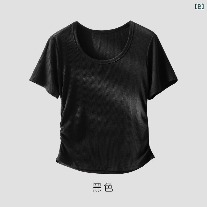 Tシャツ 女性用 春夏 短袖 モダール繊維 アセテート 切り替え ゆったり 短丈 丸首 単色 本白 黒 グレー ライトブルー 気質 通勤 優雅 かわいい トップス 上衣 ブラウス シャツ プルオーバー インナー カットソー コットン風 軽量 伸縮性 吸湿 - 3