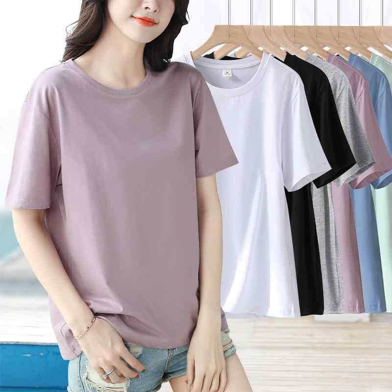 Rakuten - レディース Tシャツ 短袖 半袖 トップス 体型カバー ゆったり ルーズ シンプル 無地 丸首 気質 通勤 普段使い 涼しい ポリエステル スパンデックス ミックス 浅紫 黒 白 春夏