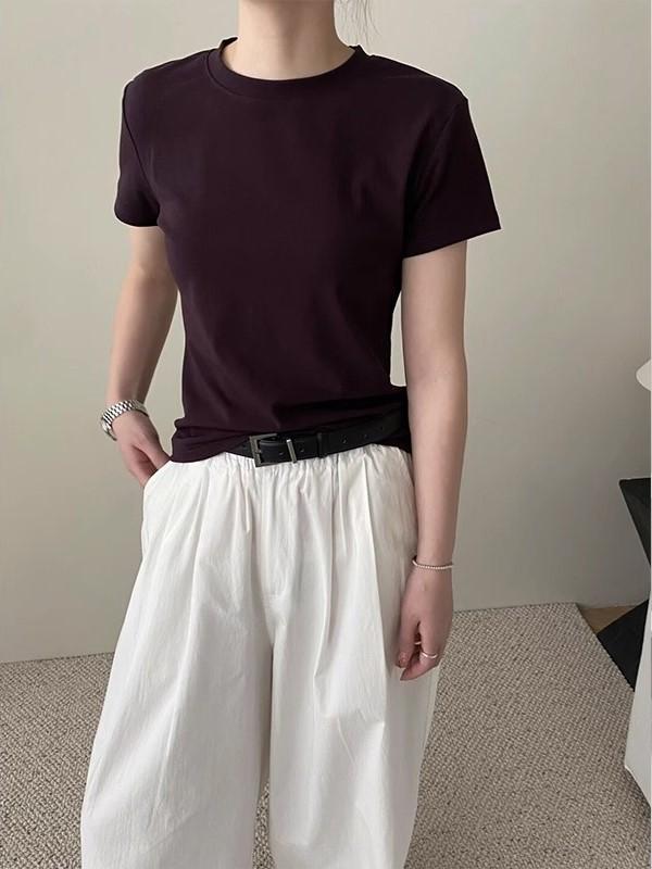 Other - Tシャツ レディース 短袖 紫 春夏 薄手 切り替え 丸首 セットアップ シンプル かわいい 上品 日常使い 軽量 綿混 トップス ブラウス プルオーバー カジュアル フェミニン