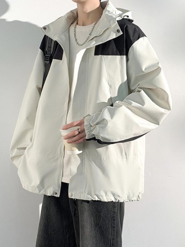 メンズ ジャケット 防水 耐摩耗 防風 登山 春夏 連帽 ゆったり トップス ポリエステル 混紡 長袖 ジップ 無襟 直裾 サイドポケット 撞色 免燙 日常 港風 青春 白色 黒 緑