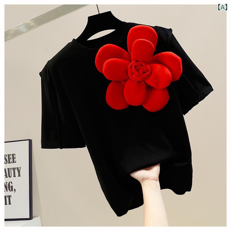 乐天商城 - Tシャツ レディース 短袖 丸首 プルオーバー 立体花柄 装飾 コットン 素材 黒 白 夏 シンプル デザイン 日韓 カジュアル ワイド フィット トップス かわいい 百搭 洋気 甘め スタイル 日常使い 軽やか コーマ 95% 以上 普通 丈 50-6