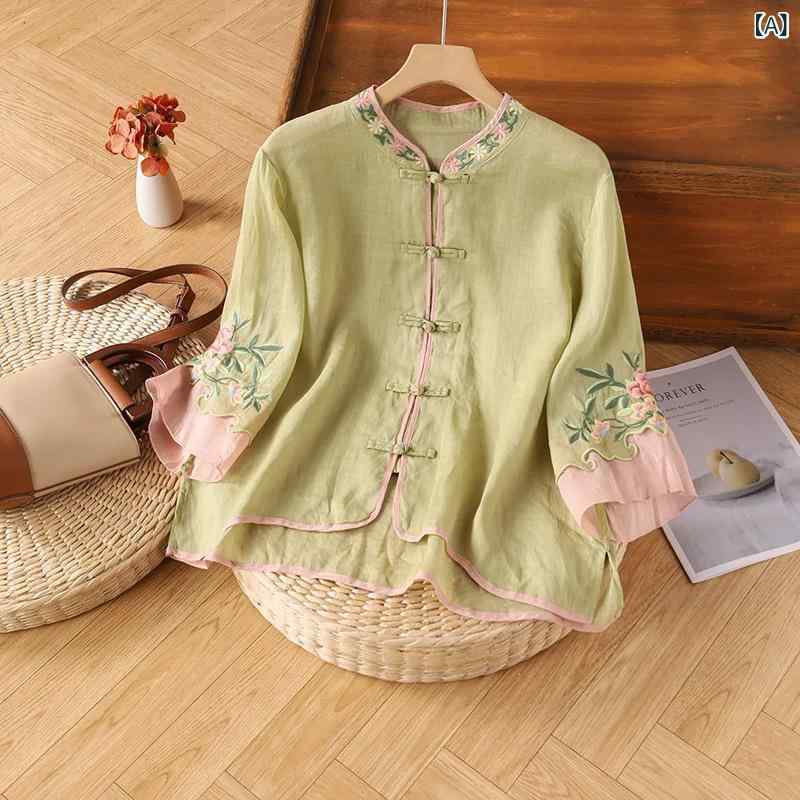 レディース シャツ トップス 綿麻 刺繍 開襟 開衫 七分袖 国風 ゆったり スリム 斜...