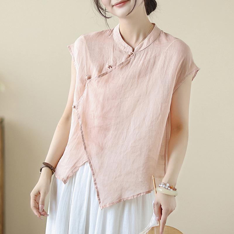 Shirts, T-Shirts - 短袖 シャツ レディース チャイナドレス風 麻混 再生繊維 立領 ピンク 赤 米白 夏 通勤 気質 ゆったり ボタン 短丈 純色 優雅 女性用