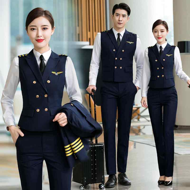乐天商城 - 空姐制服 メンズ レディース 職業装 セットアップ 馬甲 シャツ 長袖 パンツ ブルー 白色 秋 OL 通勤 制服 演出 空乗務員 飛行員 仕事服 収身 伸縮性 再生繊維 長丈