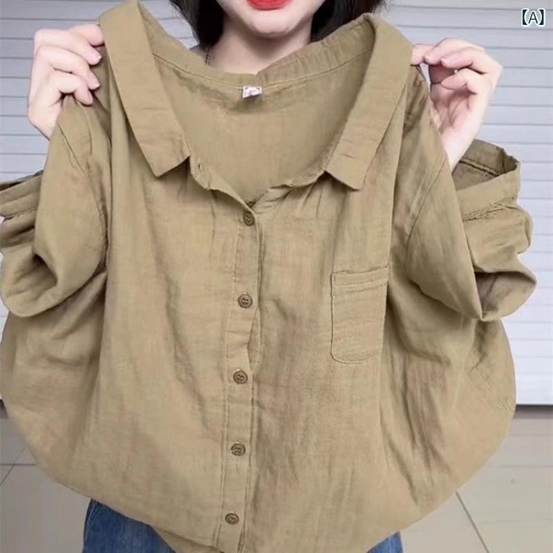 レディース シャツ トップス 綿麻素材 5分袖 ポロカラ ゆったり 単色 免燻 都市風 通勤 気質 秋季 マカロンカラー 卡其 白色 果粉 豆緑 2
