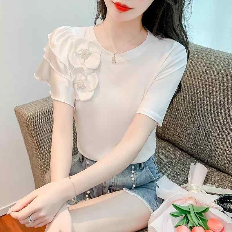 Rakuten - Tシャツ 女性用 短袖 丸首 夏服 ワイド スリム シンプル 無地 トップス ポリエステル セットインスリーブ ビーズ 装飾 立体 都市 通勤 気質 白 黒 95% 以上 涼しい 軽量 吸収速乾 普段使い 爽やか スタイル
