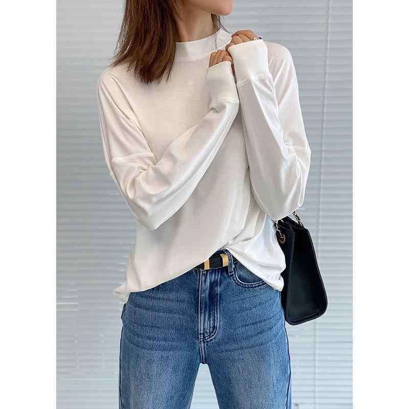 Tシャツ 立領 バタフライスリーブ 長袖 中袖 コットン ピマコットン シルクタッチ 軽量 直筒型 セットインスリーブ 春 黒 白 女性用 普段使い 通勤 通学