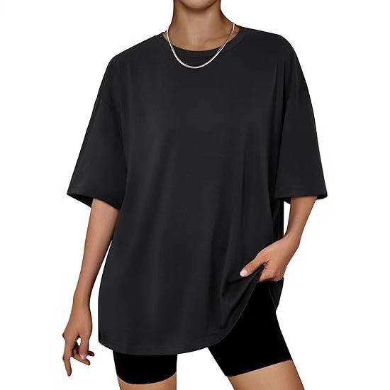 Other - Tシャツ レディース 2025 夏 純色 ゆったり 直筒 短袖 切り替え 落肩袖 丸首 涤纶 混紡 柔らかい 日常 運動 散策 黒 ピンク ライトブルー 日韓 カジュアル シンプル