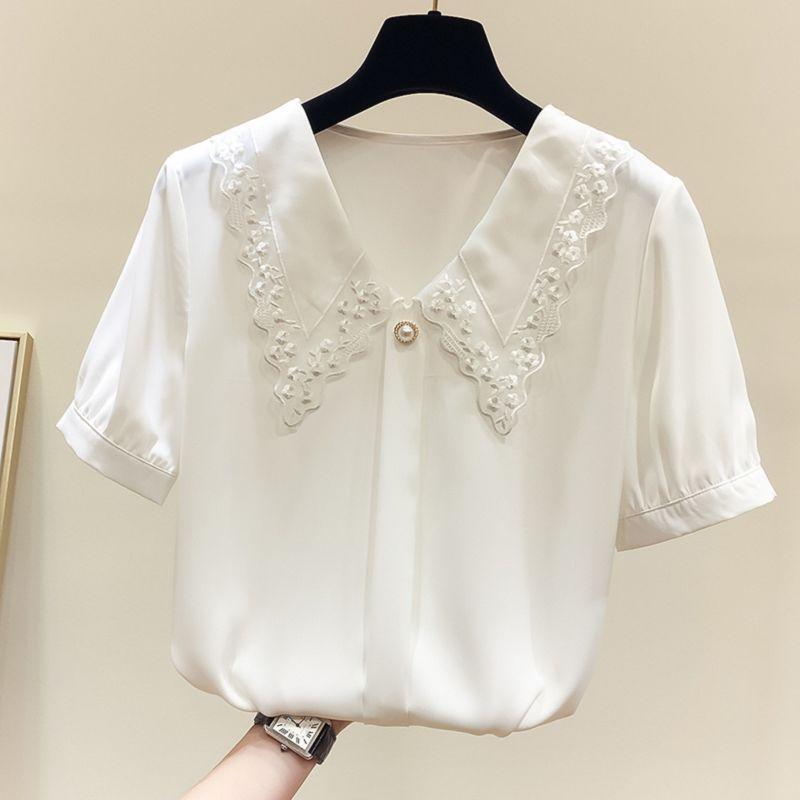 Plain - レディース ブラウス 雪纺 シャツ 短袖 春夏 米白 ブルー ワイド スリム ドルマンスリーブ 甘め フレア チュニック トップス 涼しい 軽量 セットアップ かわいい 女性 服 袖なし 半袖 デザイン ゆったり スタイリッシュ 日常 コーデ ファッショ