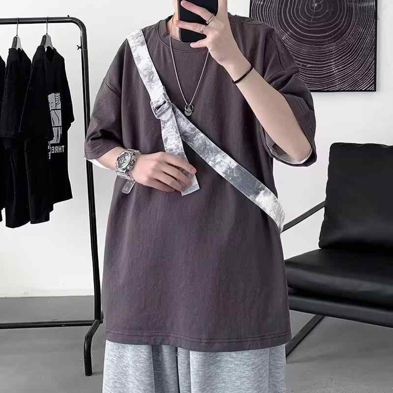 Rakuten - Tシャツ メンズ レディース 半袖 5分袖 ゆったり トップス 丸首 ユニセックス シンプル スタイリッシュ 春 深灰 白 黒 紺 緑 黄 霧青 コットン混 伸縮性 着回し 私服 日常使い 軽量 ゆったりシルエット ユニセックスデザイン ベーシックスタイ