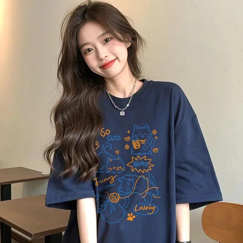 樂天商城 - Tシャツ レディース 短袖 女性用 夏 コットン 100% 綿 素材 動物柄 プリント 丸首 ゆったり ルーズフィット ミドル丈 シンプル ベーシック デイリー 普段使い カジュアル ストリート 韓国風 日系 街着 コーデ アイボリーブルー ブラック ホ