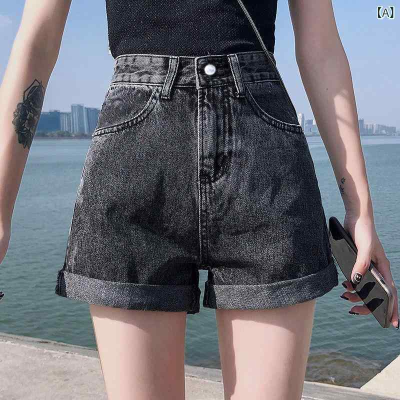 Capri Pants - ショートパンツ レディース 牛仔布 高腰 ワイドレッグ 巻き边 夏 デニム 綿 ボタン フリンジ加工 スリム 私服 ミセススタイル 黒 ライトブルー ブラック